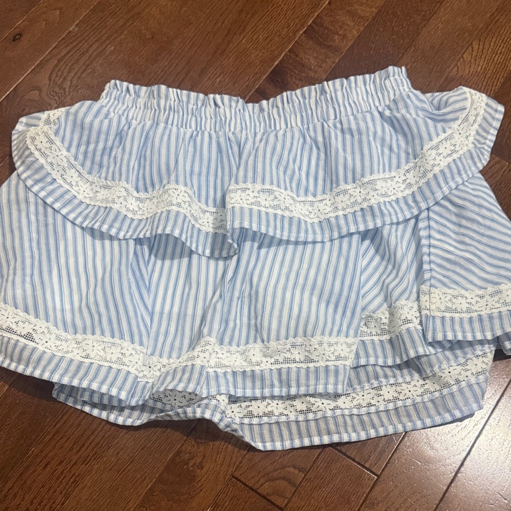 Blue and White Striped Ruffle Skirt with Lace Trim
